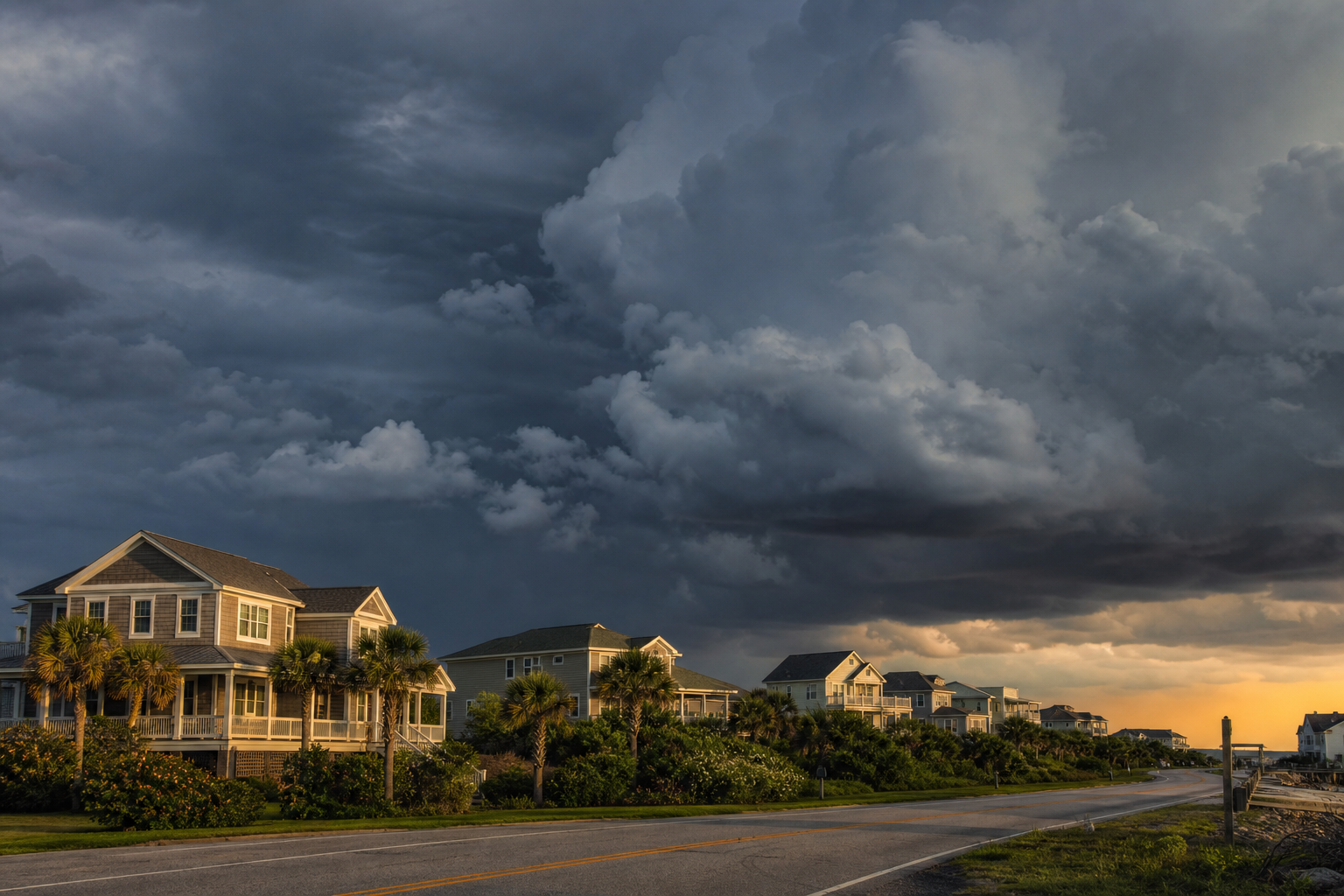 Dark storm clouds building over a coastal neighborhood, signaling a named storm approaching